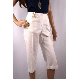 Larry Levine‎ Size 8P Petite White Capris with Gold Buckle Details